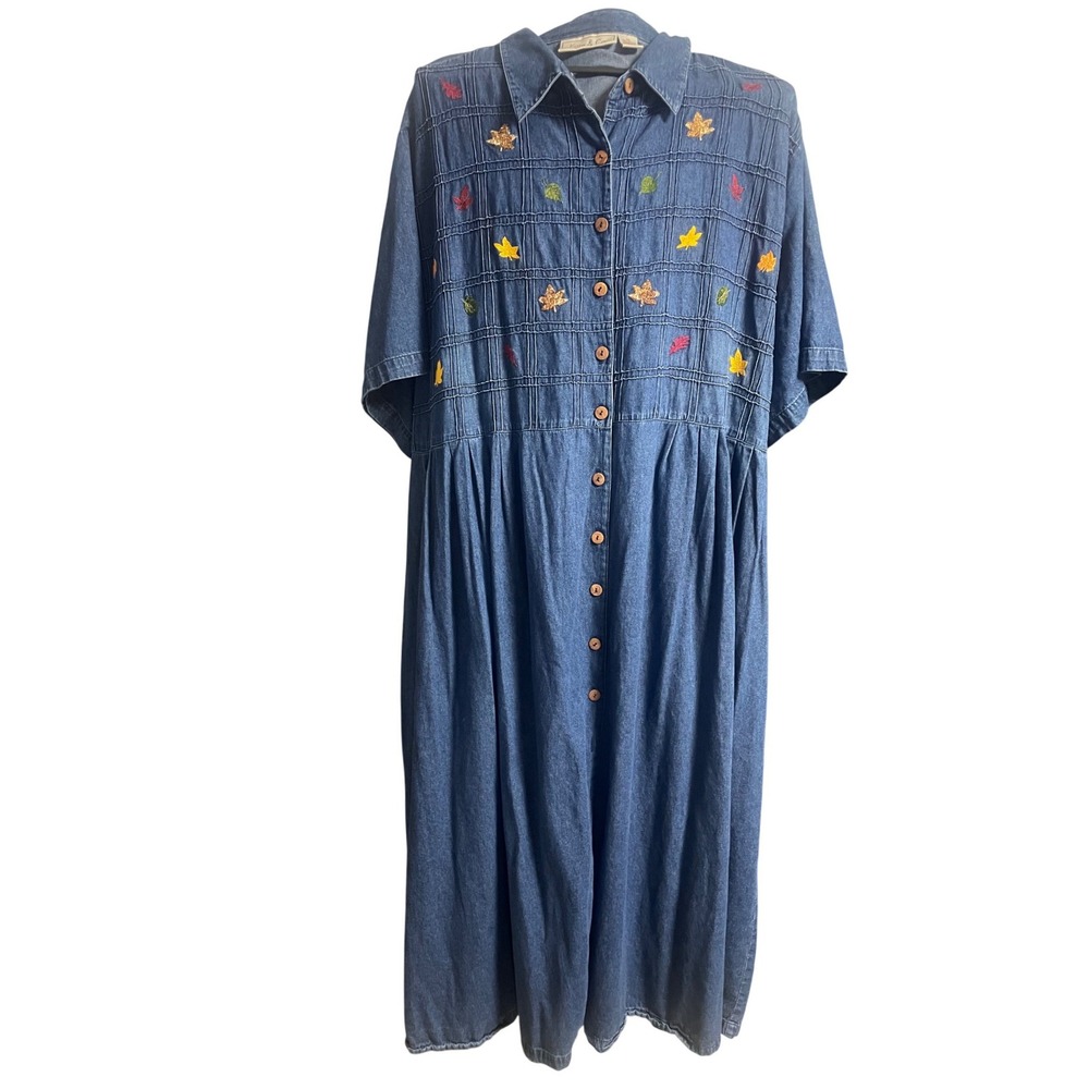 Vintage 90s Kate & Co. Embroidered Fall Leaf Denim Dress Women's 5X